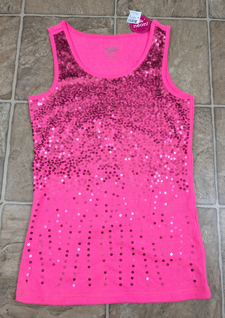 New Justice girls sz 18 Bright Pink Sequin Tank Top ribbed stretchy 0893